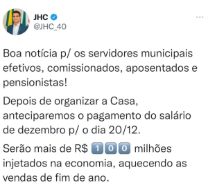 Postagem realizada nas redes sociais do prefeito no dia 1º de dezembro.