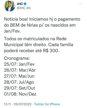 Prefeito JHC publicou o calendário de pagamento do BEM de férias. Foto: Reprodução