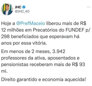 Prefeito JHC tem informado em suas redes sobre a liberação dos precatórios. Foto: Reprodução