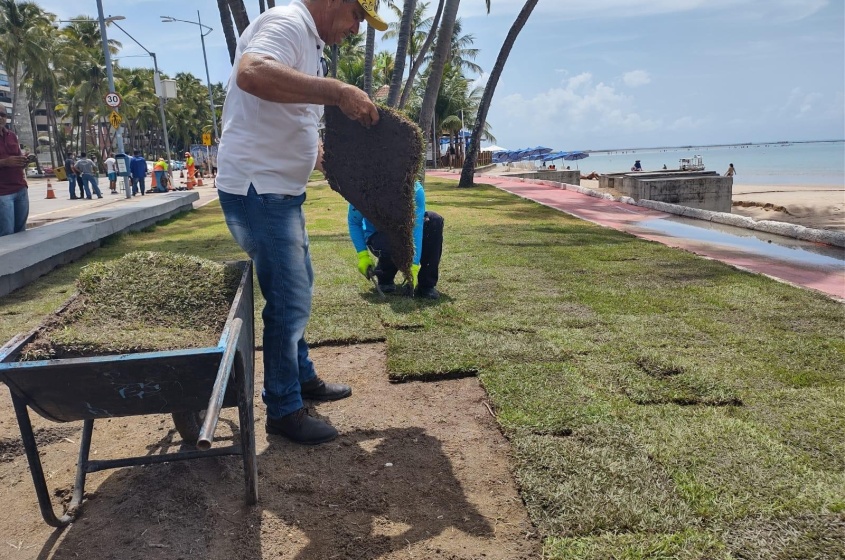 Cerca de 150 metros de grama foram instaladas em espaço do calçadão. Foto: Ascom Sudes