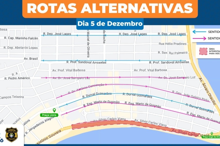 Confira as rotas alternativas com a interdição. Arte: Ascom SMTT