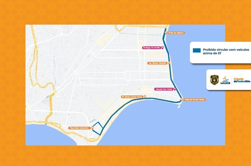 Confira o trecho em que veículos acima de cinco toneladas estão proibidos de trafegar. Arte: Ascom SMTT