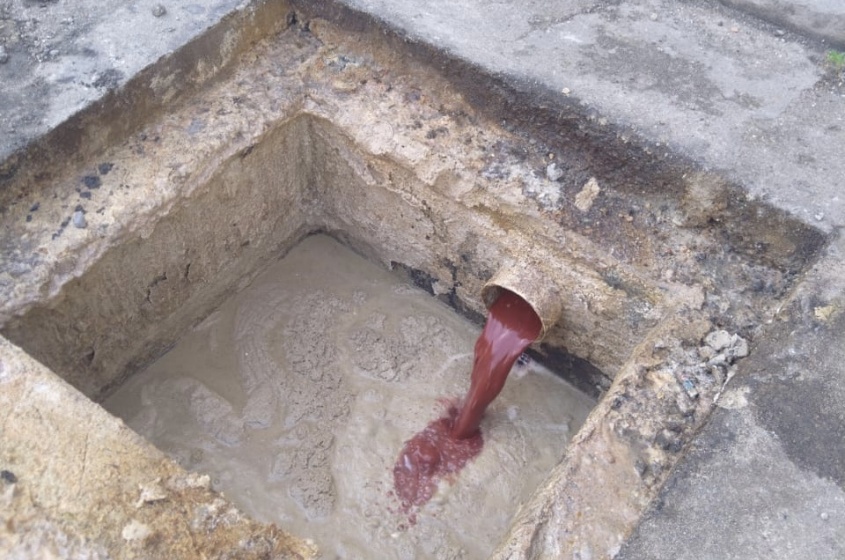 Teste com corante mostra que esgoto estava correndo para a rede de drenagem. Foto: Cortesia