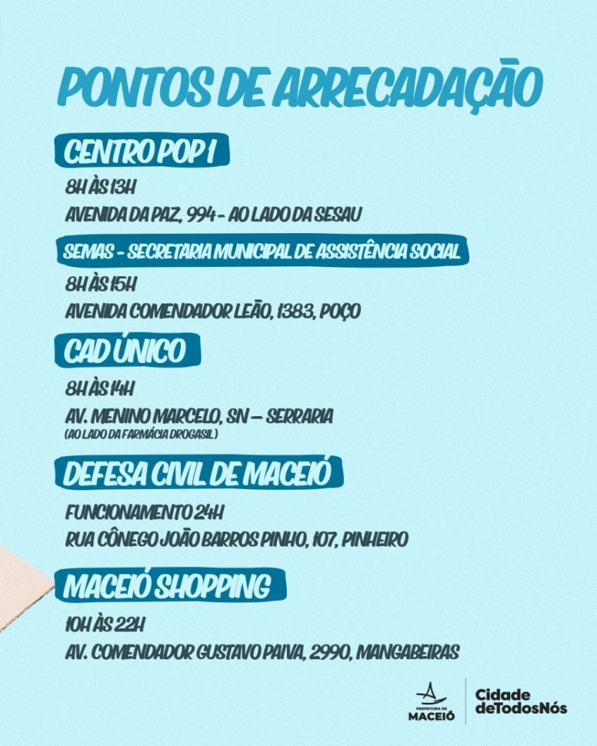 Confiram os cinco pontos de arrecadação de donativos