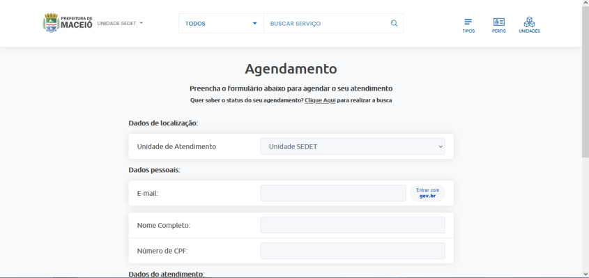 Imagem da página de agendamento para os serviços da Sedet.