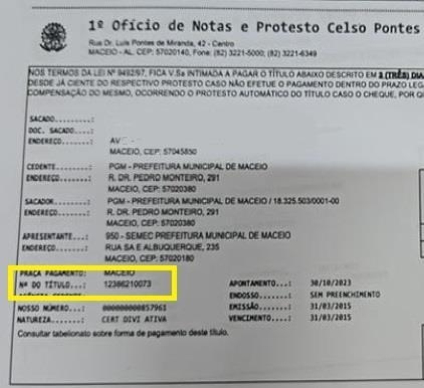 Exemplo 2: localizar o n° da CDA na Intimação do 1° Cartório