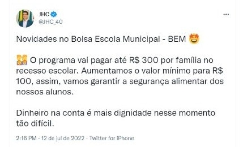 Anúncio foi feito pelo prefeito JHC em suas redes sociais. Foto: Reprodução